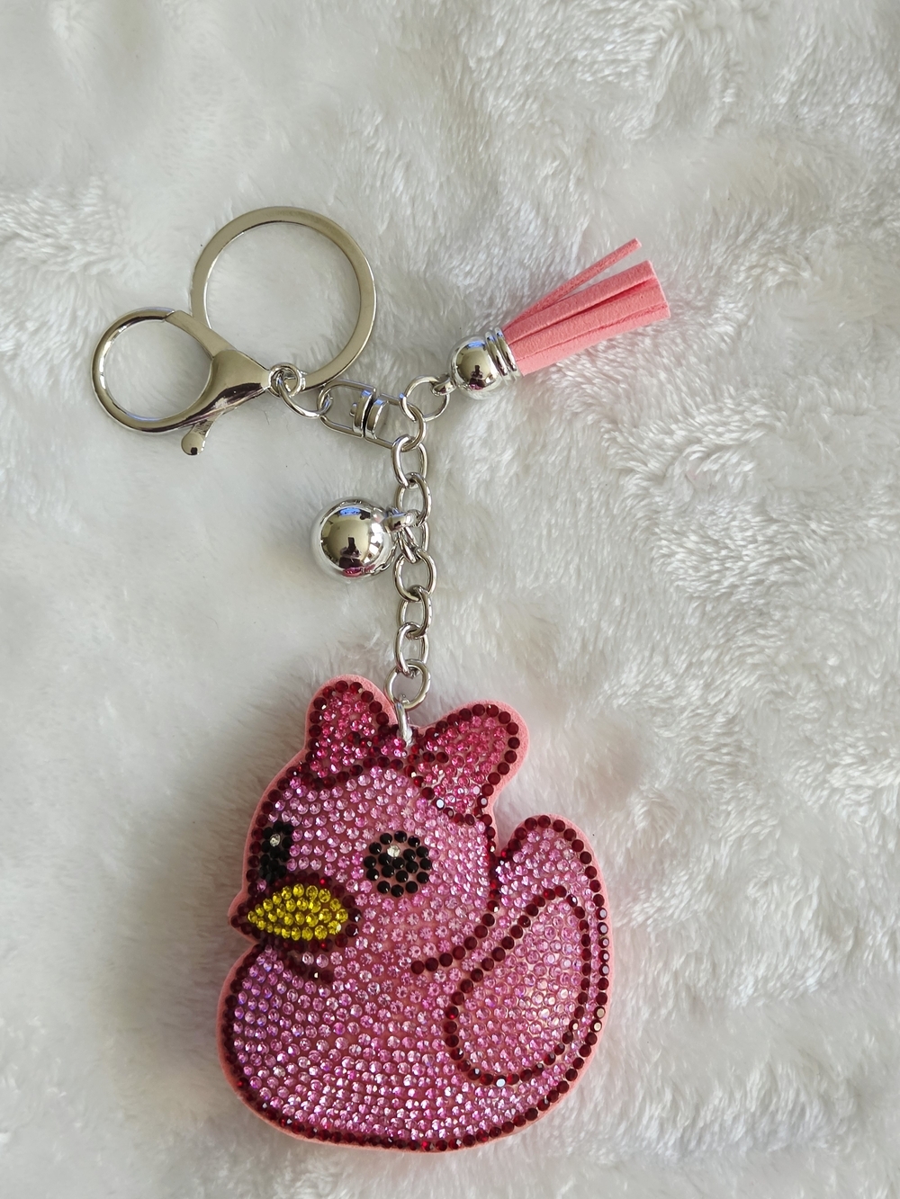 Pink Rhinestone Rubber Duck Keychain with Tassel Bling Bag Charm
